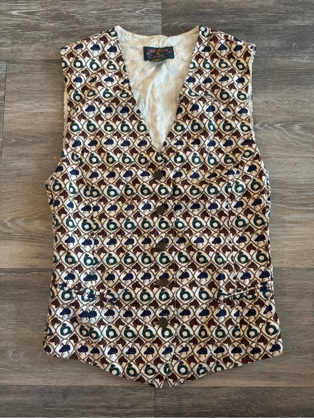Charter Club Cream, Navy & Green Equestrian Vest